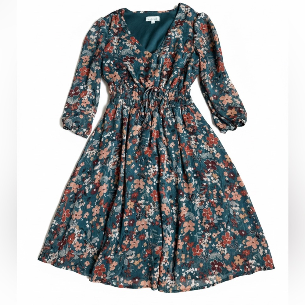 Chenault Floral V-Neck Midi Dress Green Pink Boho Smocked Waist Women’s Size S